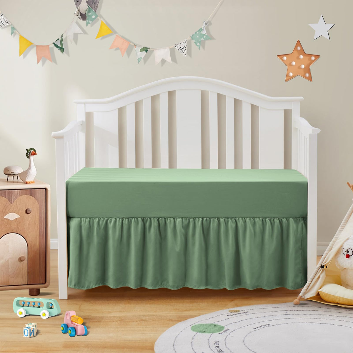 2-Piece Set Ruffled Crib Skirt & Crib Sheet, Sage Green