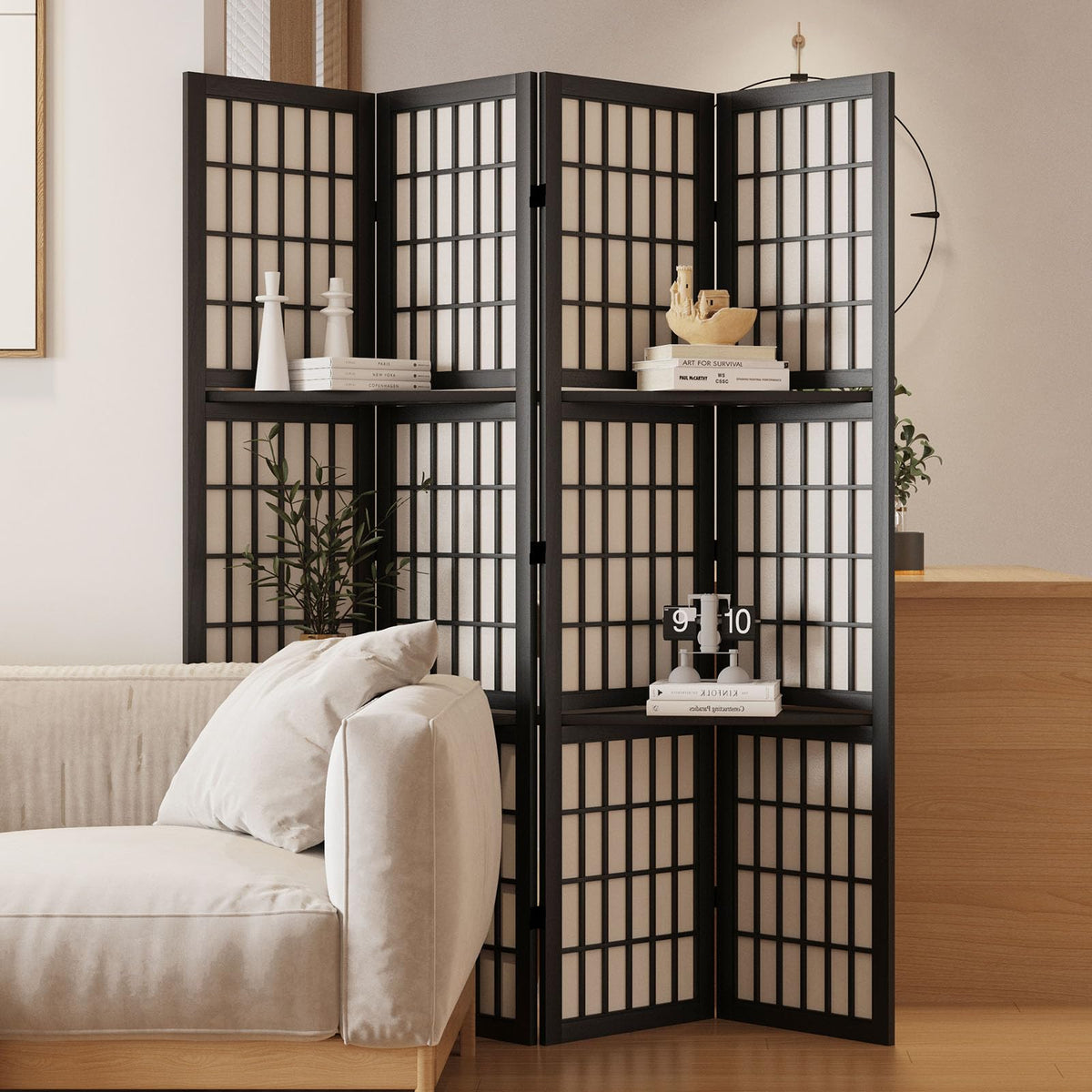 Room Divider with Shelves, 66.9-Inch Tall Japanese Shoji Style Wood Screen with Double Hinges Bedroom Hotel