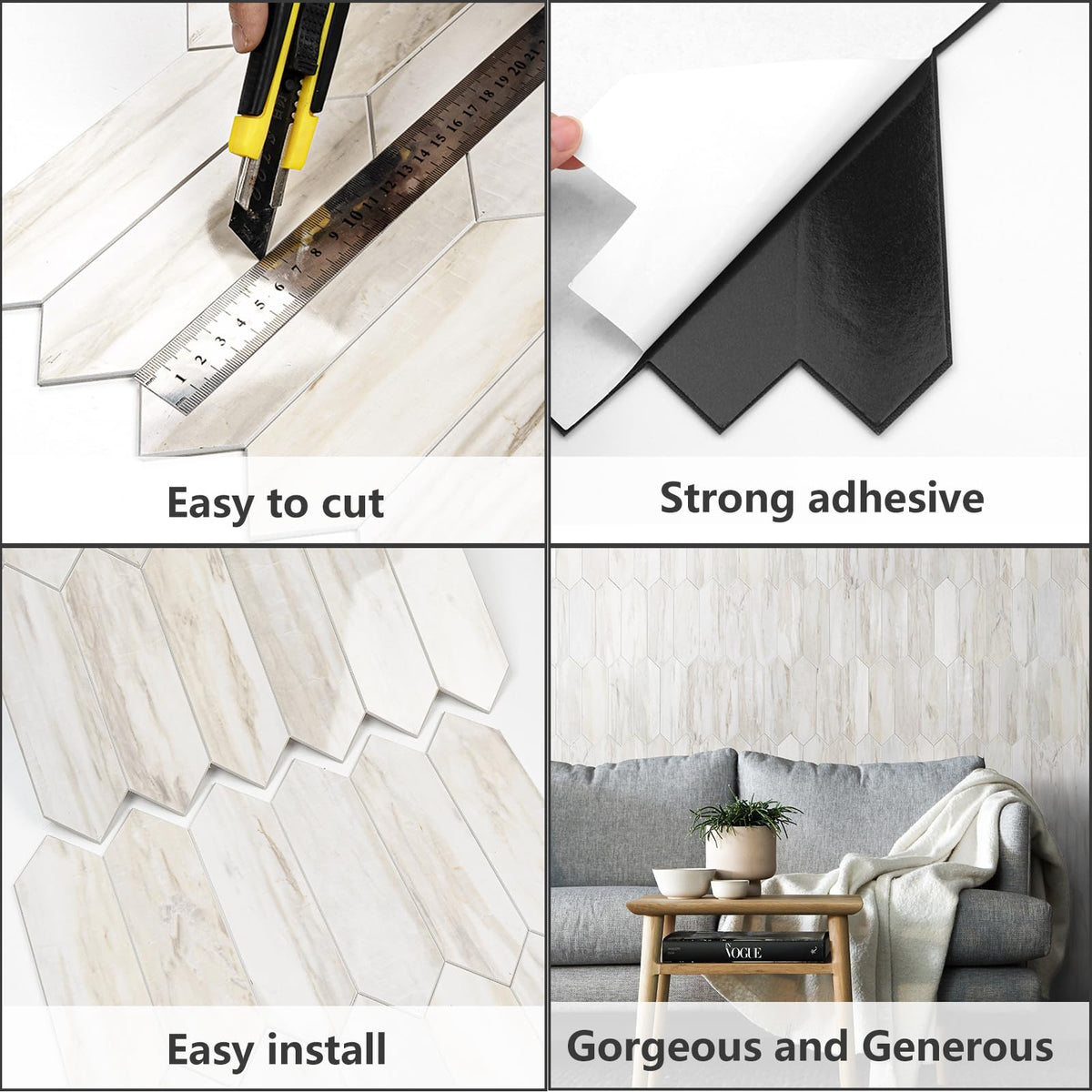 Glossy Wood Marble Grain Backsplash Tile Peel and Stick, 12.8 x 12.8 Inch 10 Sheets Long Hexagon PVC Self Adhesive