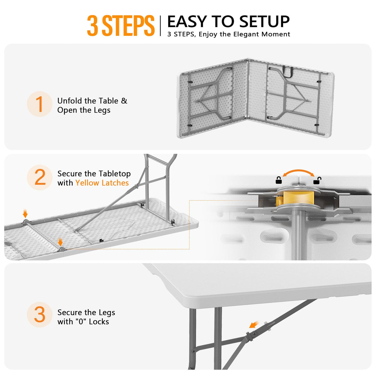 6 Foot Plastic Folding Table Portable Long Table for Indoor Outdoor Use Rectangular with Carrying Handle, Smooth HDPE