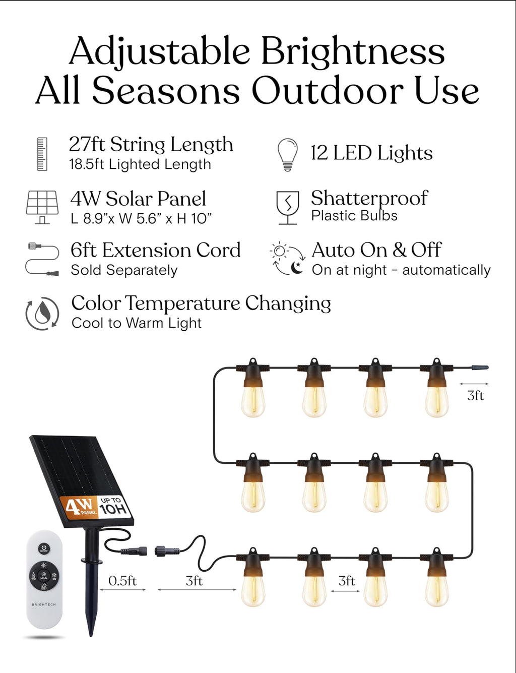 Ambience Pro 27-Ft Solar String Lights for Outside - Super Bright Remote Control Color Adjustable Outdoor String