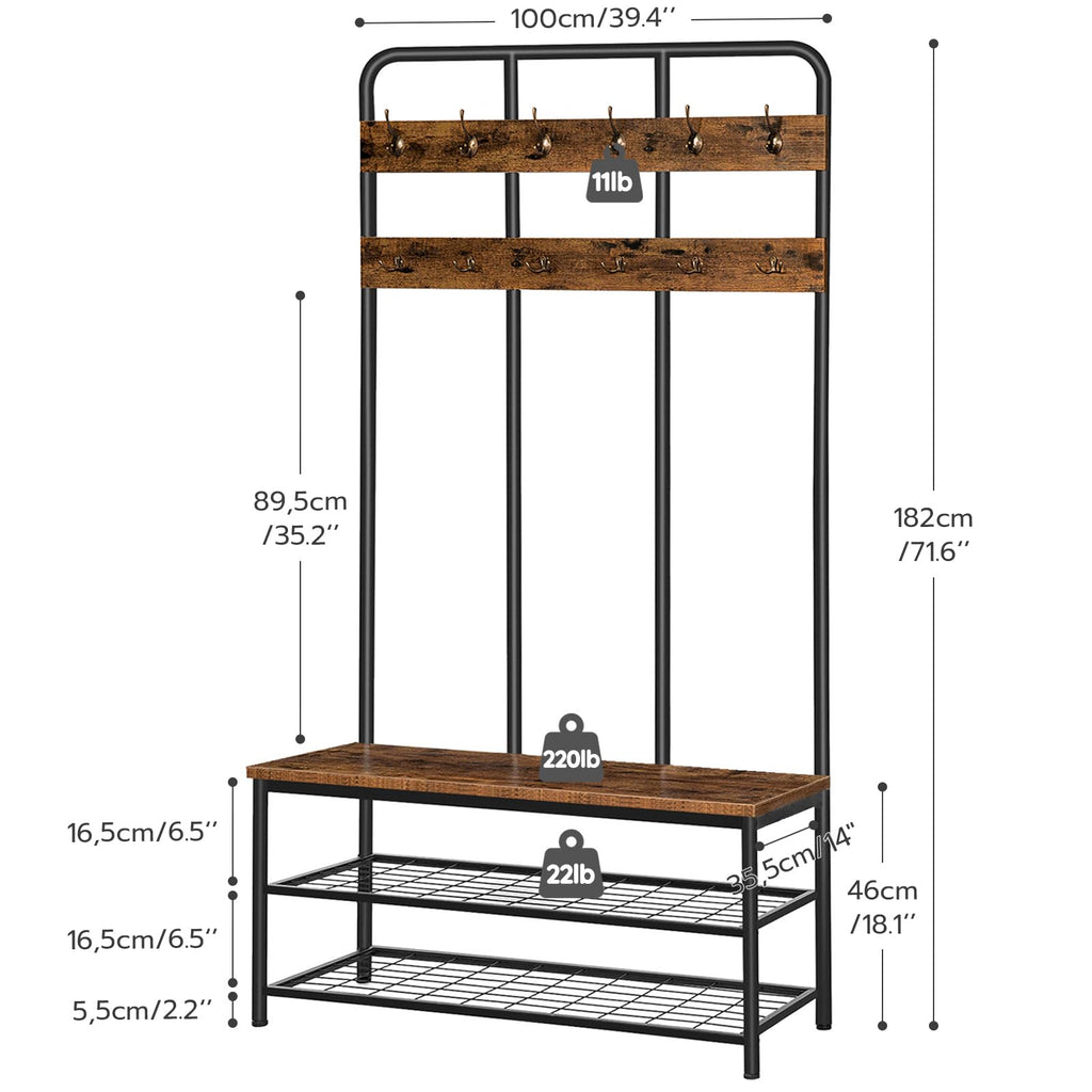 Hall Tree with Bench, Entryway Bench with Coat Rack, Mud Room Rack with 12 Double Hooks and Shoe Storage, Coat Tree