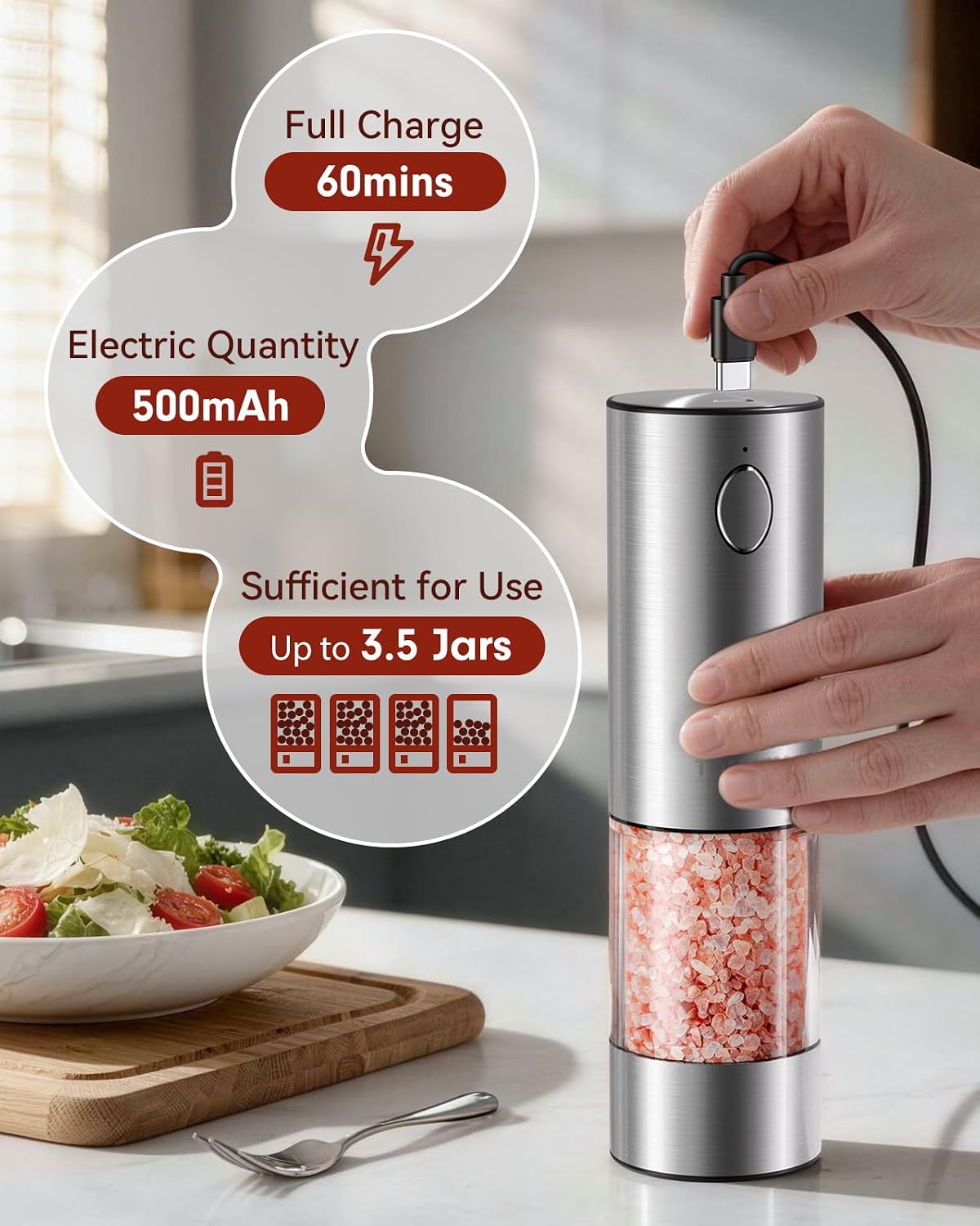 Larger Capacity Rechargeable Electric Salt and Pepper Grinder Set - Set of 2