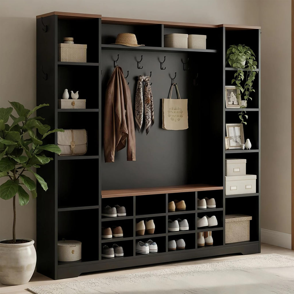Hall Tree with Bench and Shoe Storage, 5-in-1 Mudroom with Coat Rack, Farmhouse Entryway Furniture, Tall Hall Tree
