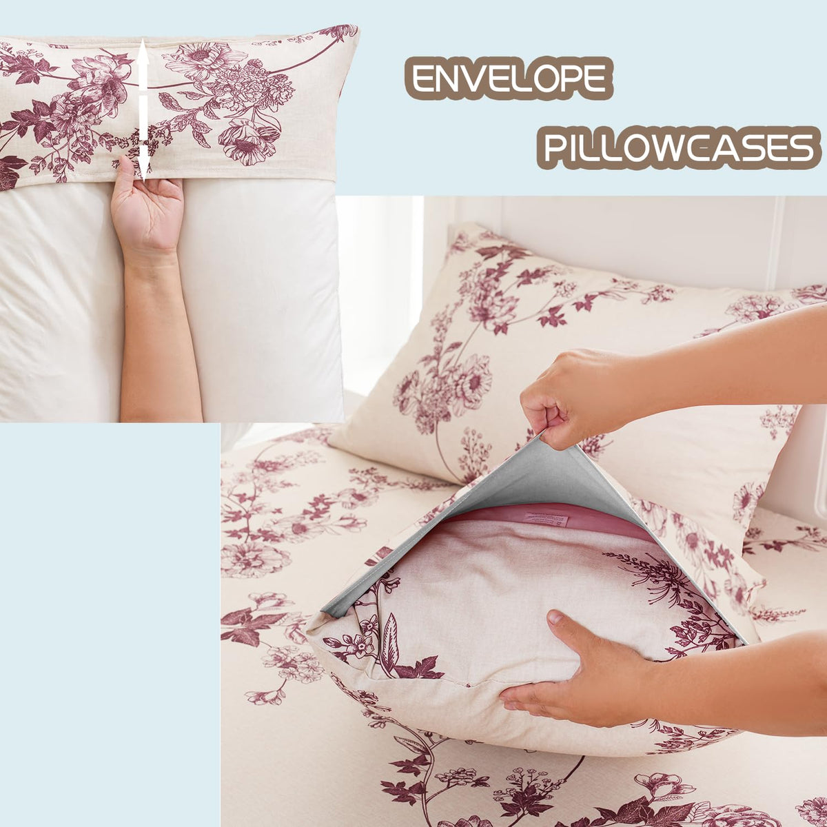 Sheets 100% Percale Cotton Red Floral Bed Sheet Set, Brushed Extra Softness, Breathable Luxury Toile