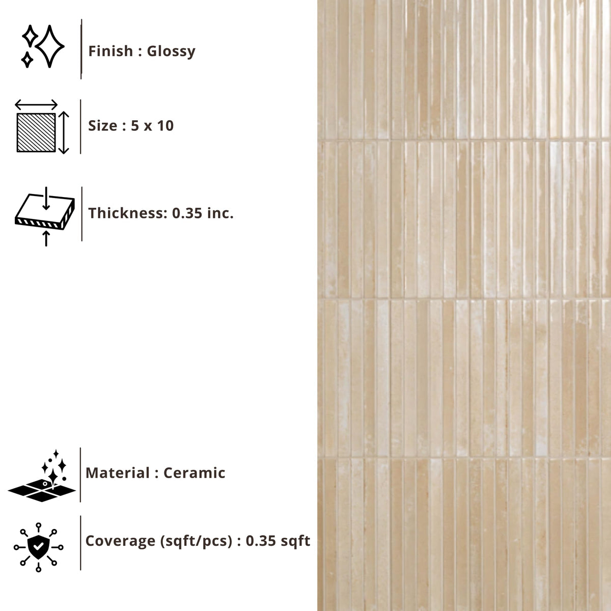 Beige Glossy Ribbed Ceramic Wall Tile (1 Piece)