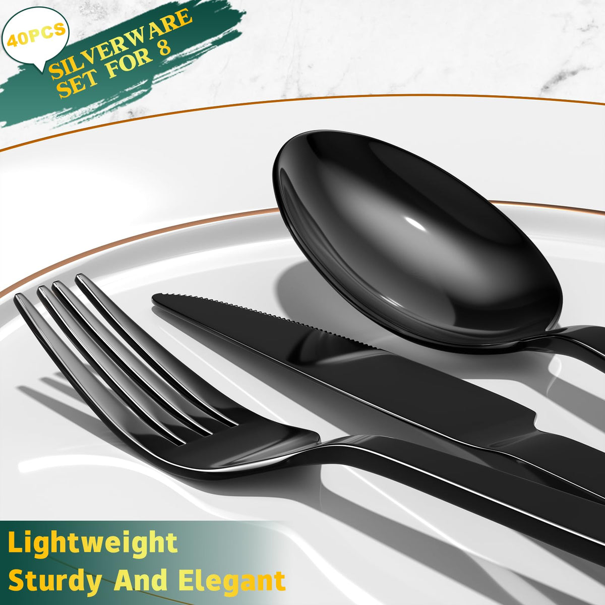 40 Pieces Black Silverware Set, Stainless Steel Flatware Set for 8