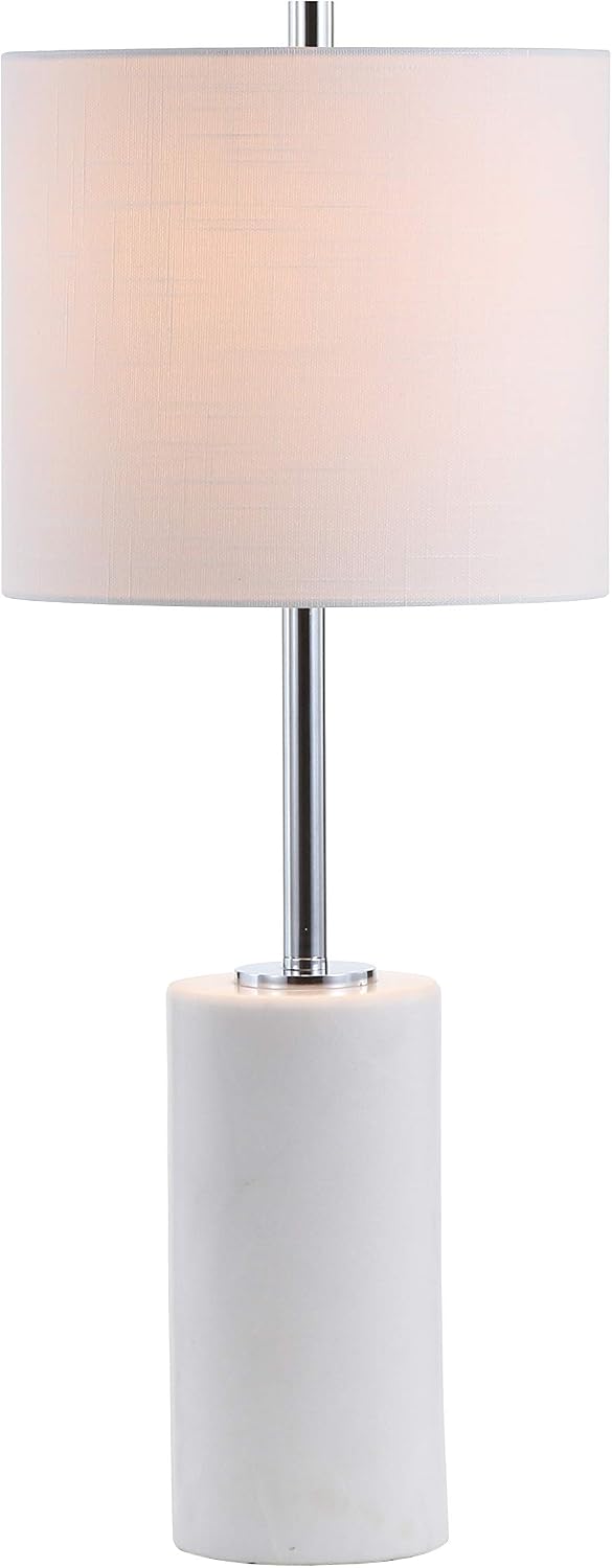25.5" White Marble and Chrome Modern LED Table Lamp, Minimalist Iron Bedside Lamp Bedroom, White Linen Drum Shade