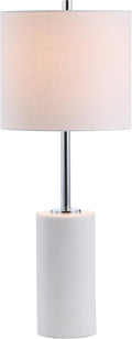 25.5" White Marble and Chrome Modern LED Table Lamp, Minimalist Iron Bedside Lamp Bedroom, White Linen Drum Shade