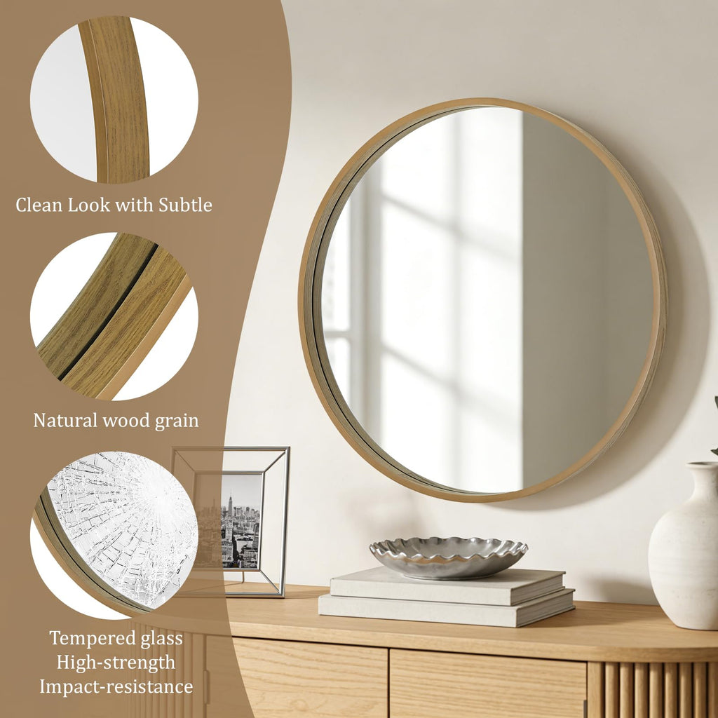 Round Mirror with Wood Frame, 28" Circle Modern Decoration Large Home Decor Mirror Living Room Bedroom Entryway (28"