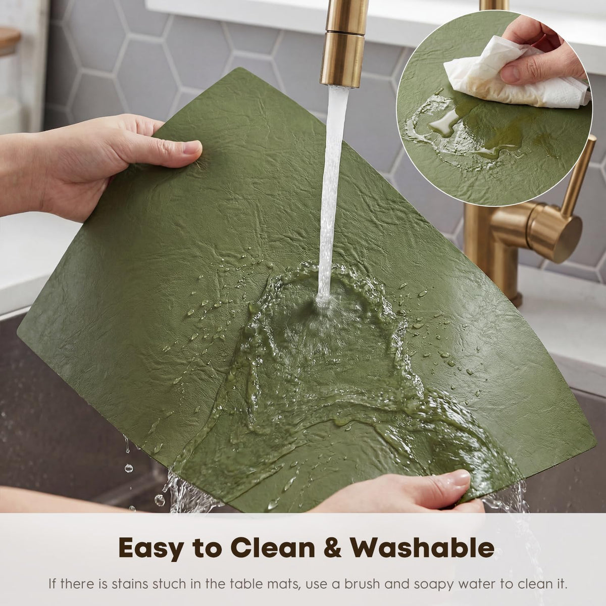Olive Green Faux Leather Placemats Set of 6, 12x18 Inch Waterproof Wipeable Heat Resistant Vinyl Place Mats