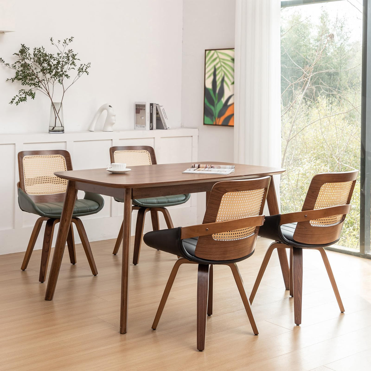 Set of 4 Kitchen & Dining Room Chairs - Swivel Dining Chairs with Cane Back, Walnut Bentwood Frame, Faux Leather