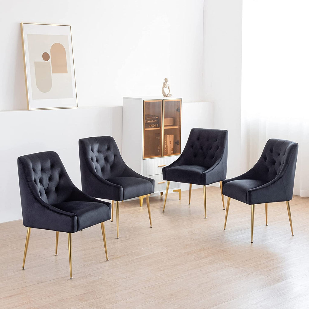 Modern Dining Chair Set of 4, Mid-Century Room Chair, Upholstered Comfortable Velvet with Back Pull Rod and Metal