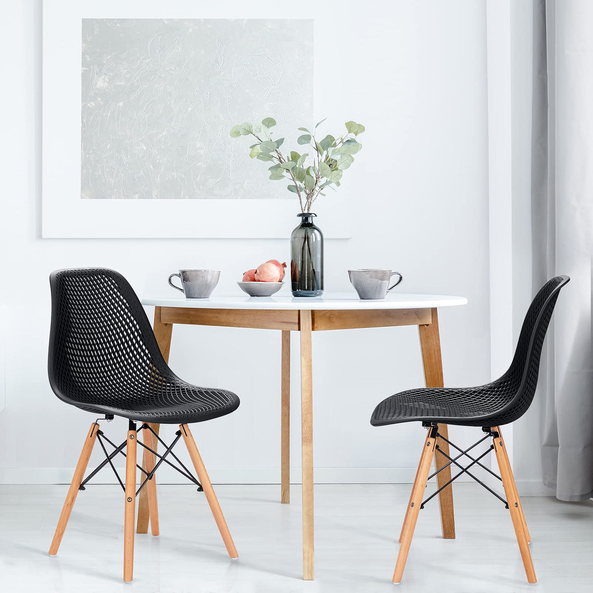 Inspired Eames Style Set of 4 Dining DSW Chairs, Shell PP Lounge Side Chairs w/Beech Wood Legs & Mesh Design, Modern Side Chairs Living