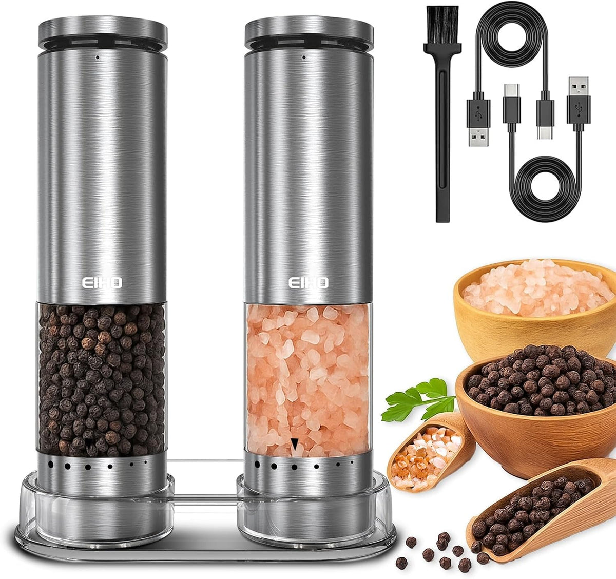 Electric Salt and Pepper Grinder Set Rechargeable, Automatic Salt and Pepper Shakers Mills External Adjustable - Set of 2