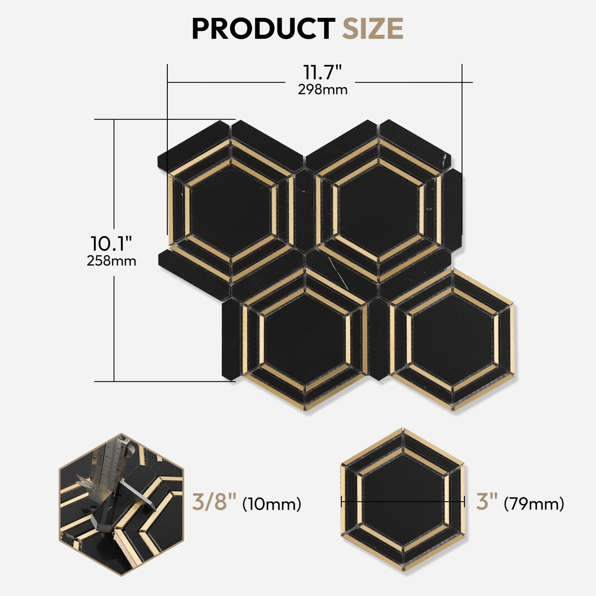 Natural Black Marble 3 Inch Hexagon Mosaic Tile, Polished, 5 Sheets