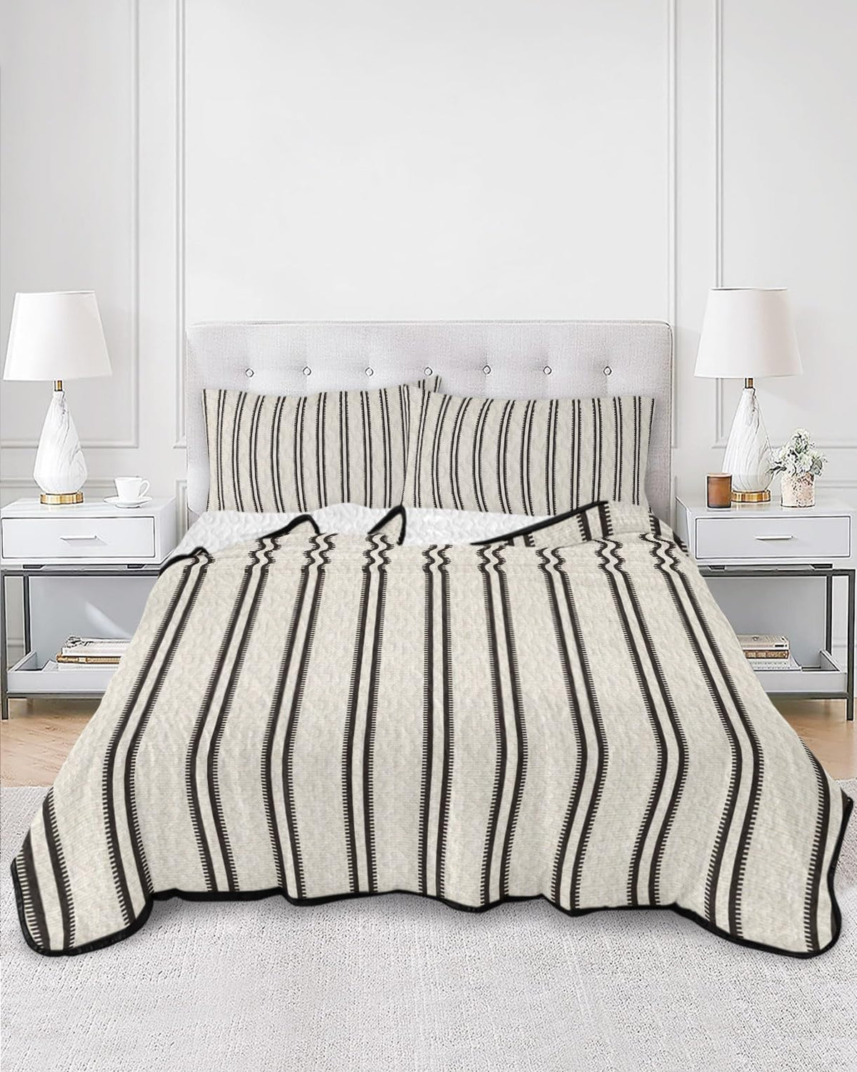 Ticking Stripes Quilt Set 3 Pieces Quilted Bedspread- Soft, Vertical Lines Lightweight Quilt with 2 Pillow