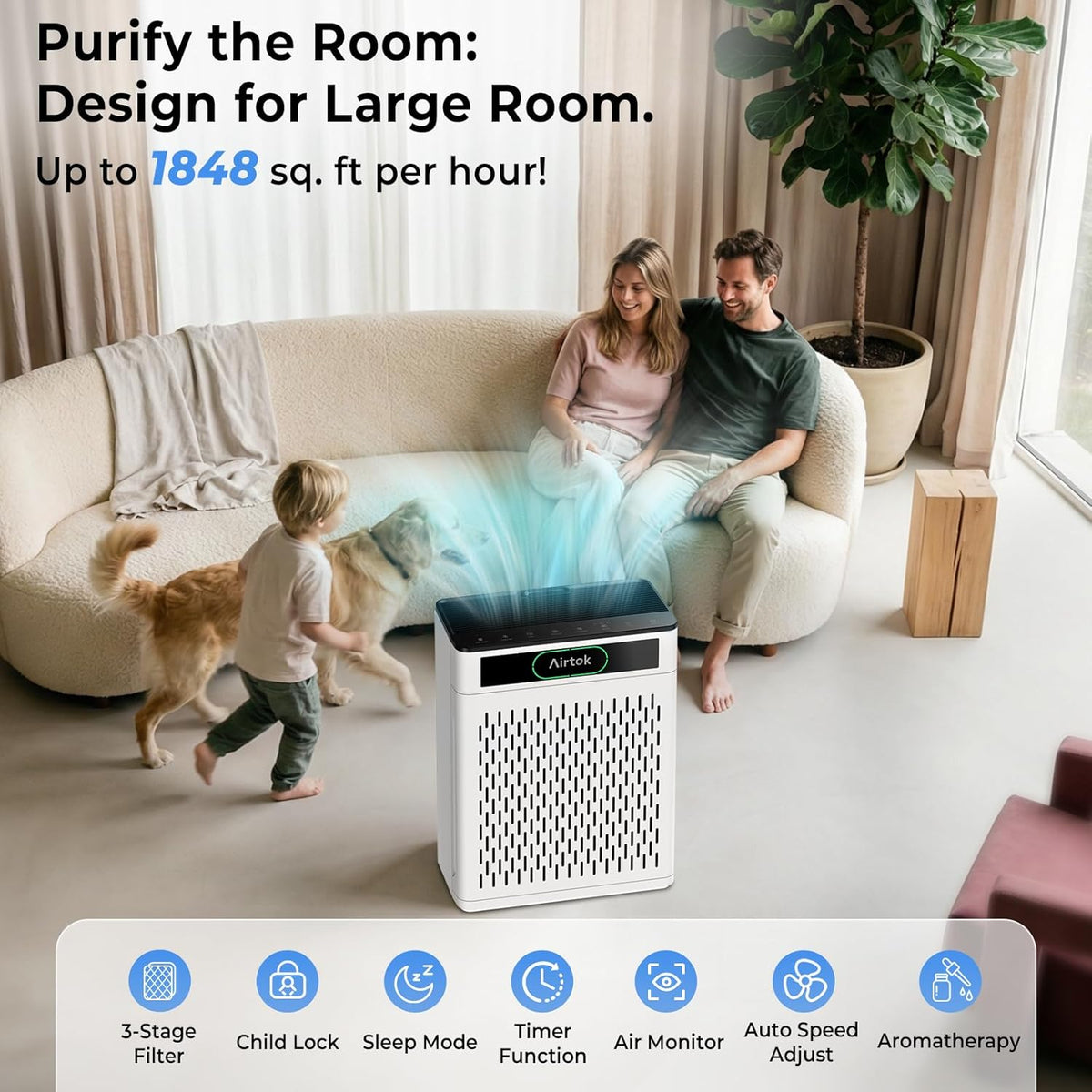 Air Purifiers for Home Large Room Up to 1848sq.ft, HEPA Air Purifier for Bedroom, Pet Hair Air Cleaner with Washable