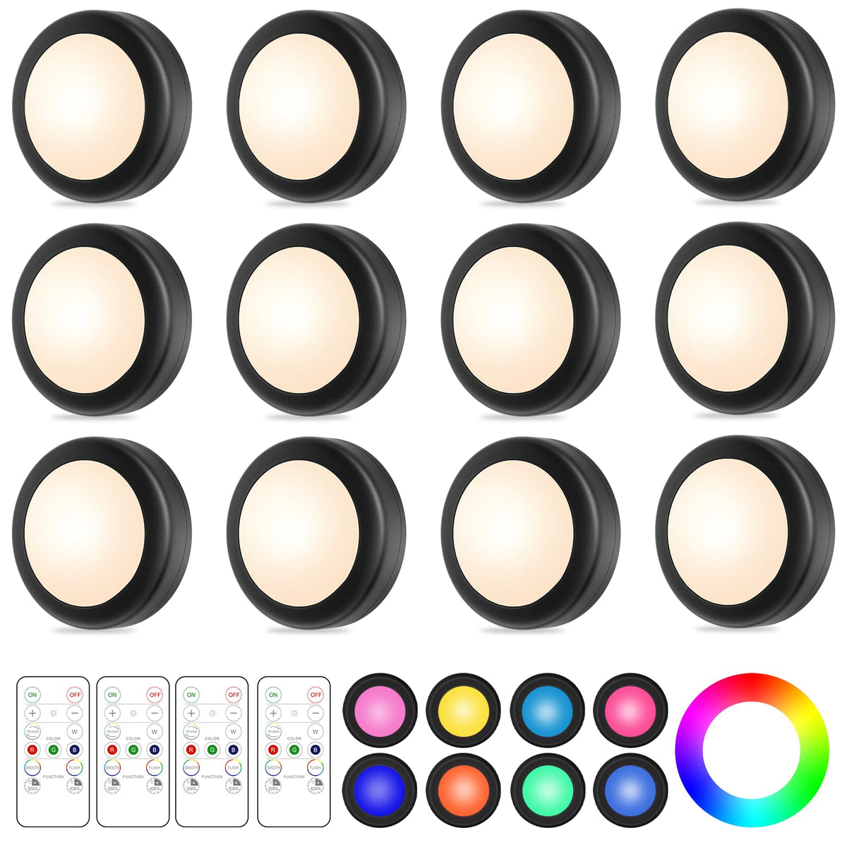 12 Pack LED Puck Lights Remote Control 16 Color Changeable Under Cabinet Lights, Battery Operated Lights Night Light