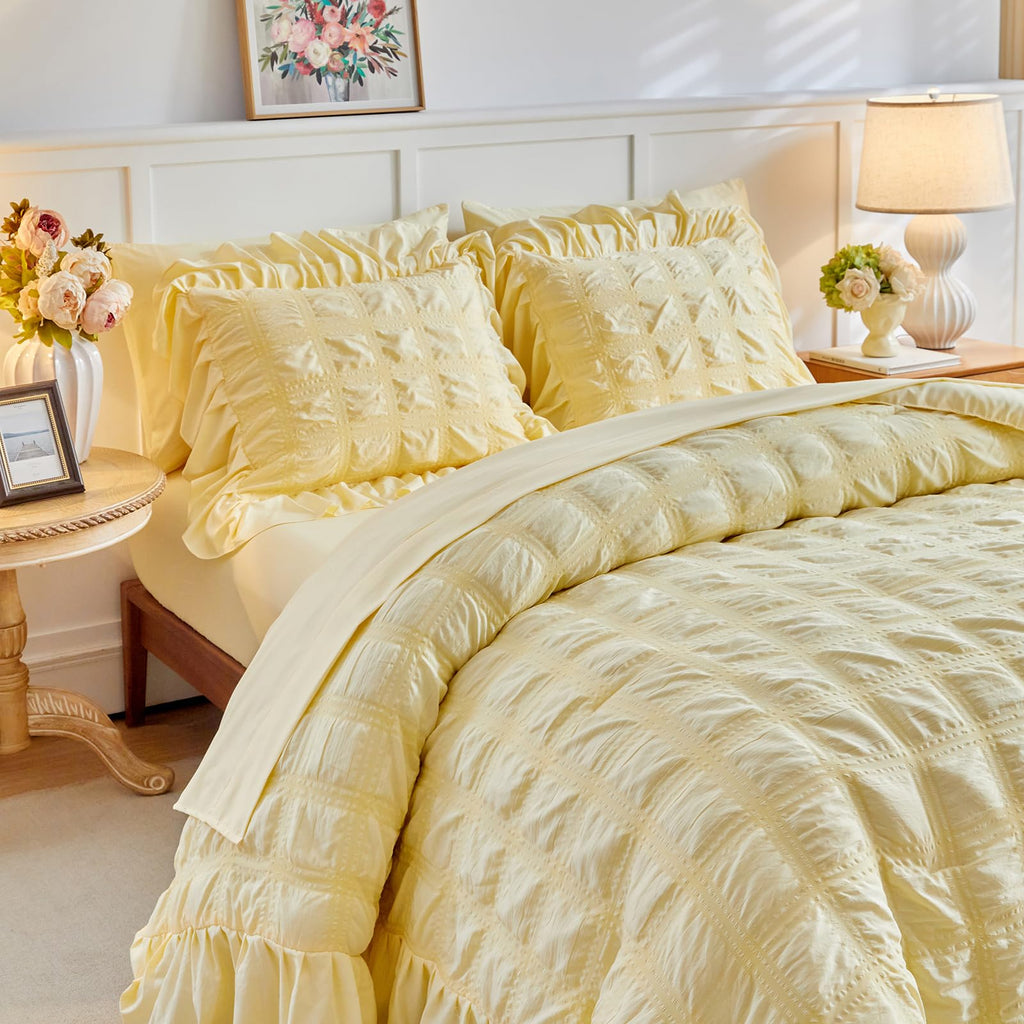 Yellow Plaid Seersucker Duvet Cover Set with Wide Ruffled Fringe, 3 Pieces Soft Bedding Set for All Season