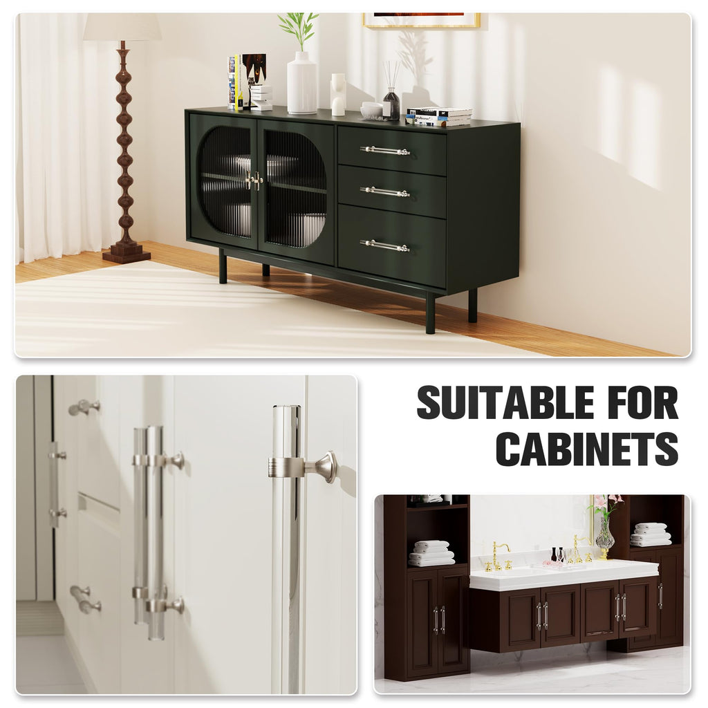 6 Pack Brushed Nickel Crystal Glass Cabinet Pulls, 76mm (3 Inch)