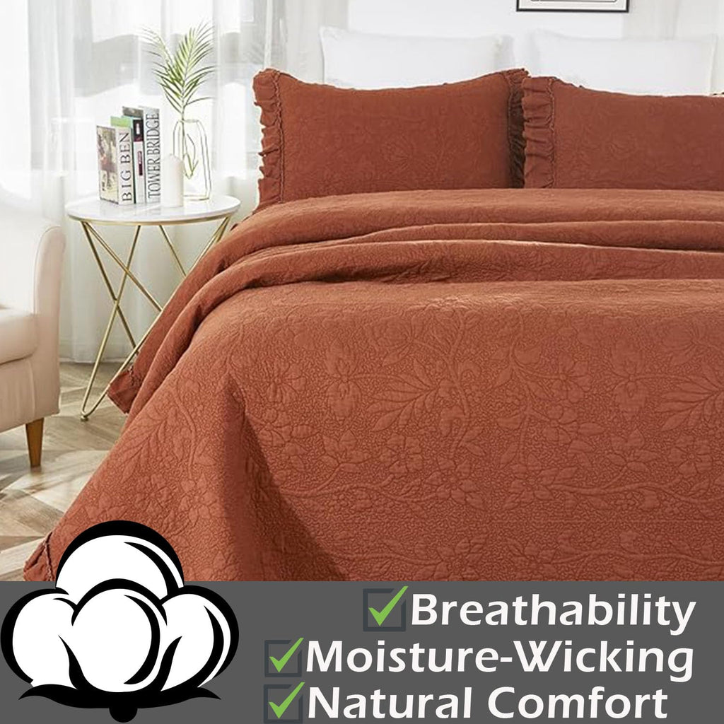 Quilt Set Cotton Luxury Farmhouse Comforter Set Burnt Orange Matelasse Coverlet Set Ruffle Bedspread 3-Piece