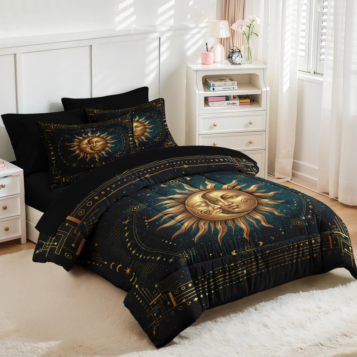 Full Comforter Set with Sheets, 7 Pieces Boho Sun Bedding