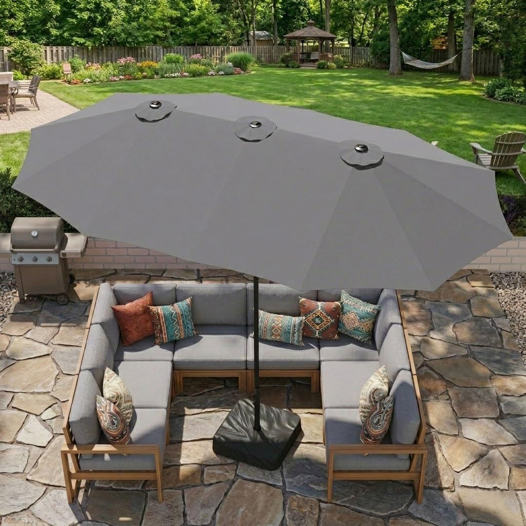 15ft Large Double-Sided Rectangle Patio Umbrella with Base Included, Gray