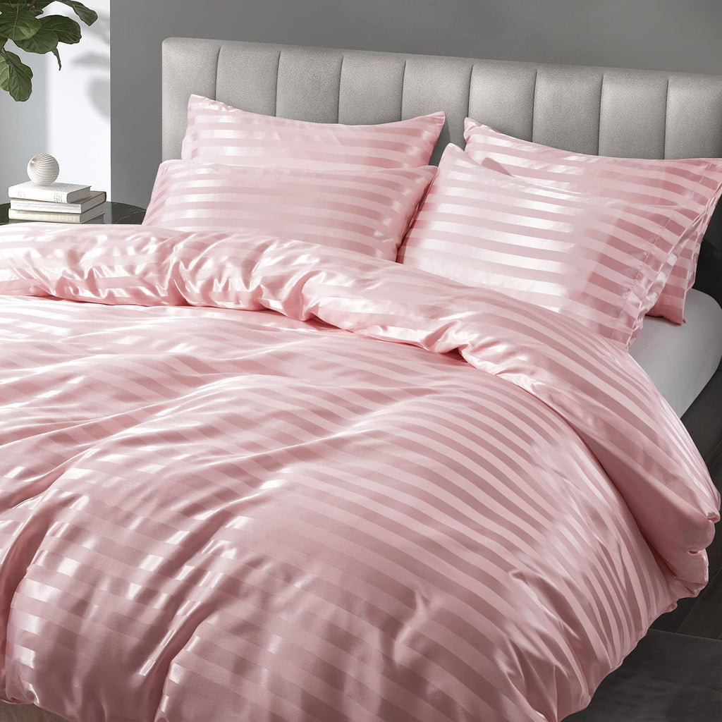 5 Pieces Blush Pink Satin Striped Duvet Cover Set