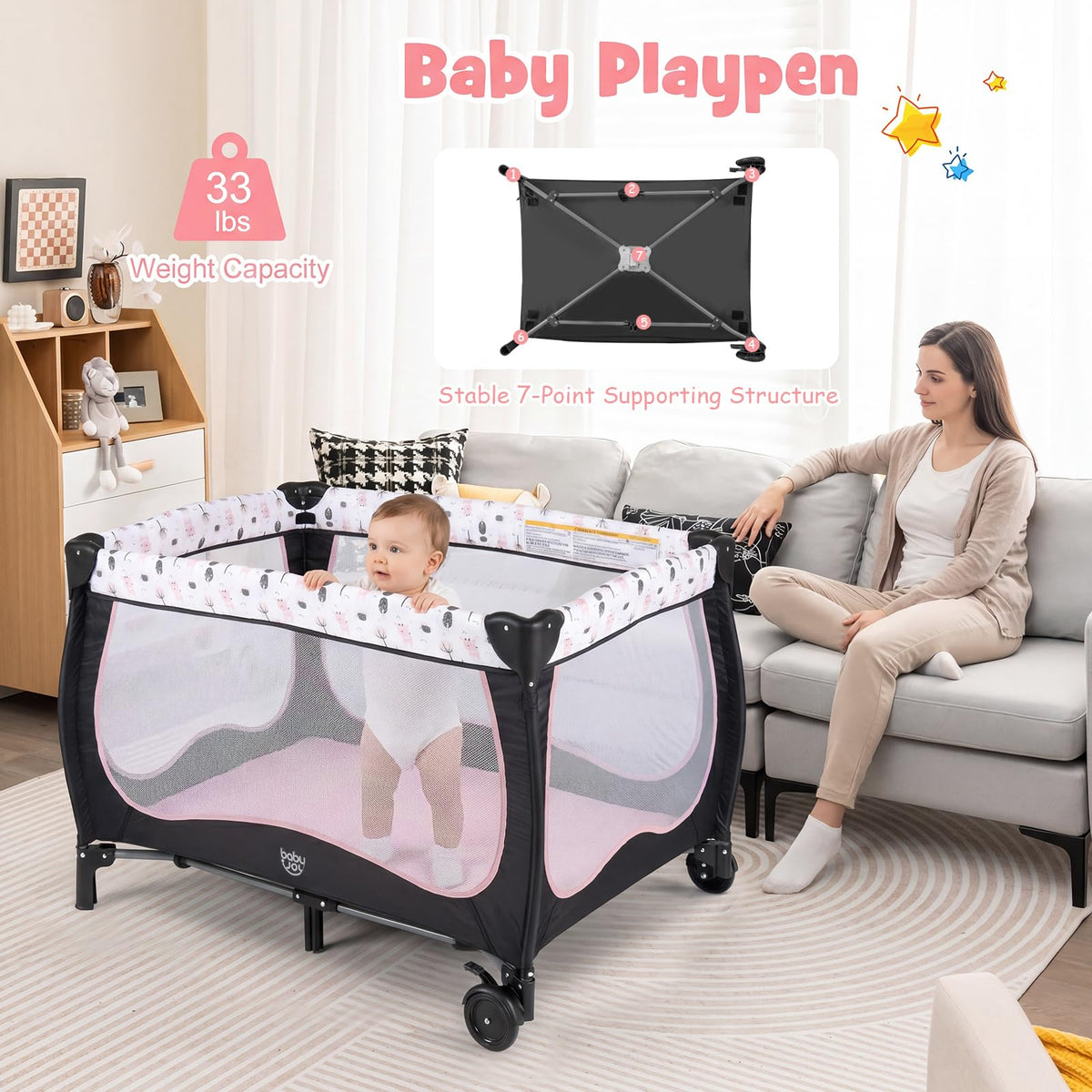 4 in 1 Play Yard, Portable Baby Playard with Bassinet, Adjustable Canopy, Changing Table, Lockable Wheels