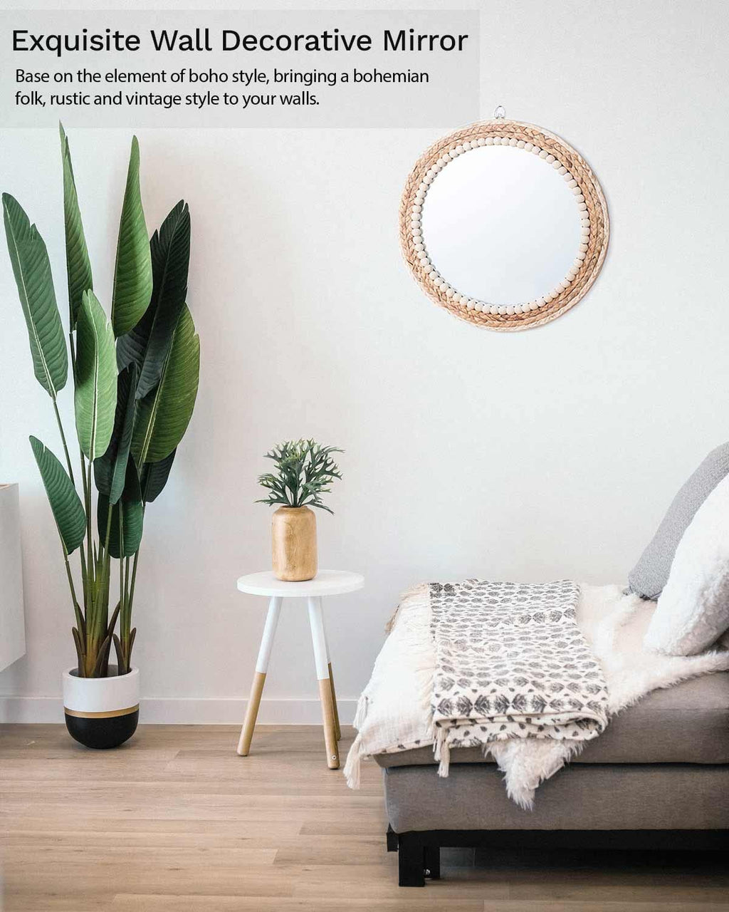 Boho Wall Mounted Round Mirror - 15 Inch Circle Rattan Decorative Hanging Mirror