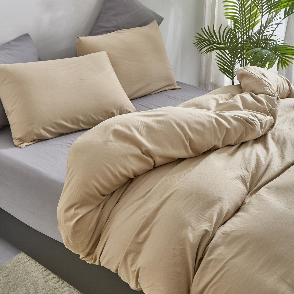 Champagne Comforter Set Bedding Set Women Solid Khaki Bed Comforter Set Plain Beige Breathable Blanket Men Light