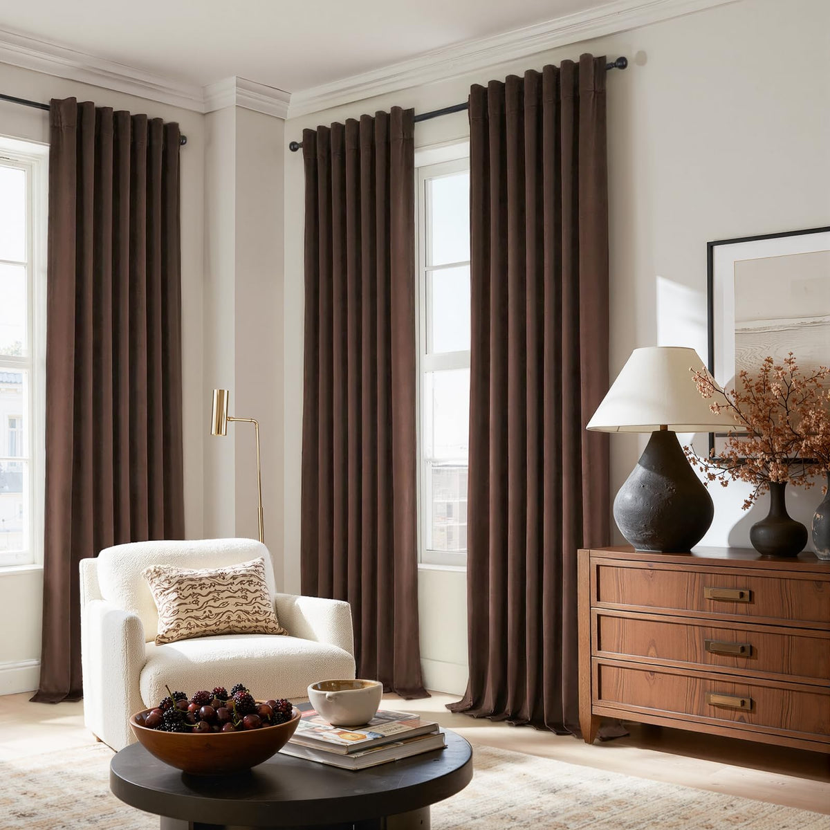 96 Inches Long Velvet Curtains Tan Luxury Elegant Vintage Room Drakening Thermal Privacy Curtains Bedroom Chocolate