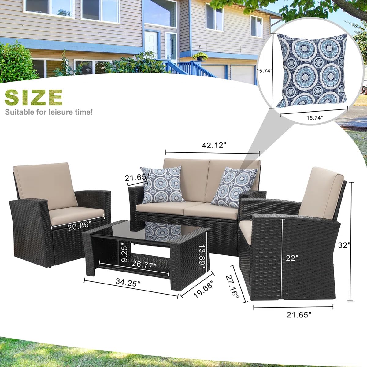 4 Piece Patio Furniture Set, Outdoor Rattan Conversation Set with Coffee Table, Outside Wicker Sectional Sofa Couch