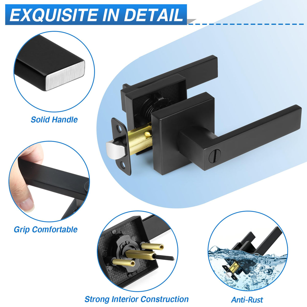 6 Pack Matte Black Door Handles Interior, Keyless Interior Door Knobs, Privacy Door Locks Bathroom, Heavy Duty Square