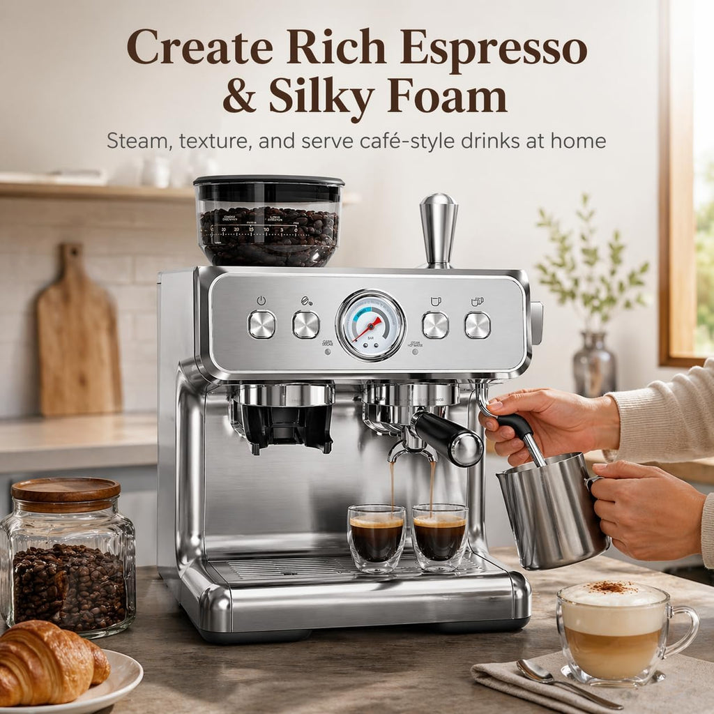 Espresso Machine with Grinder & Milk Frother, 20 Bar, PID control