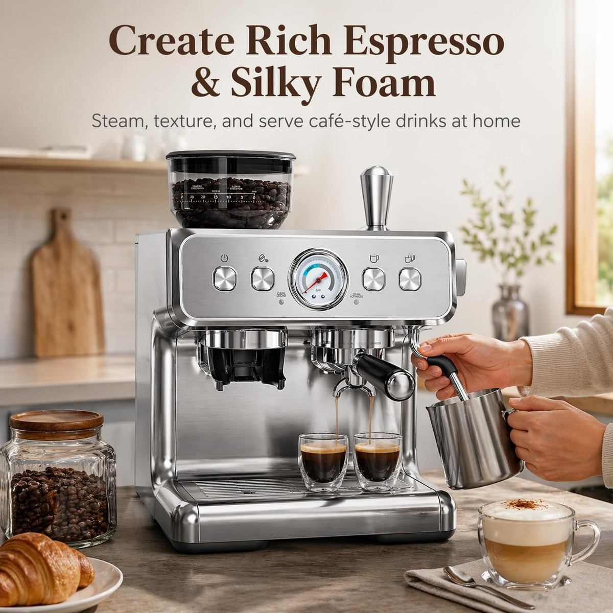 Espresso Machine with Grinder & Milk Frother, 20 Bar, PID control