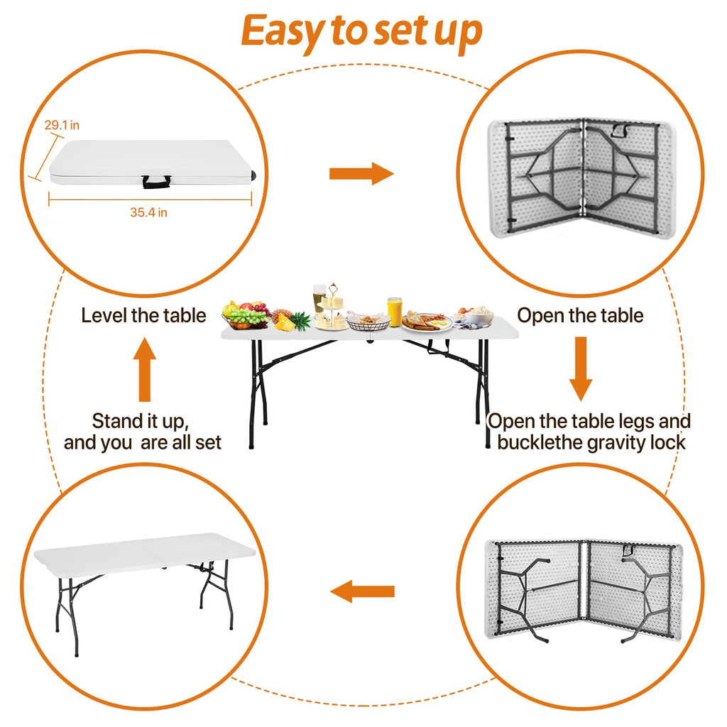 Folding Table | 6 ft Folding Picnic Table Portable | Heavy Duty Dining Table | Fold in Half with Handle and Sturdy