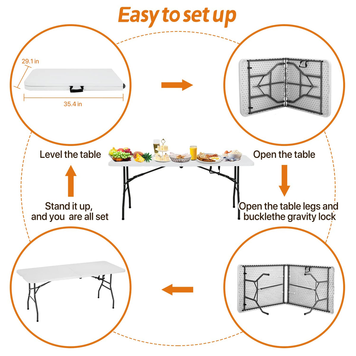 Folding Table | 6 ft Folding Picnic Table Portable | Heavy Duty Dining Table | Fold in Half with Handle and Sturdy