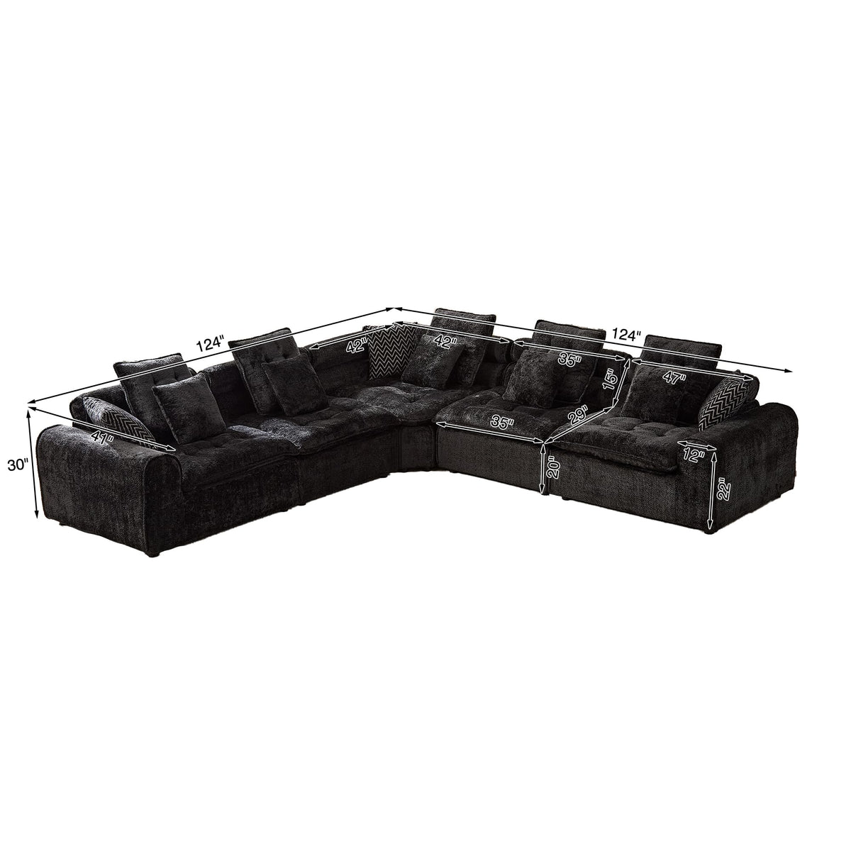 125'' Oversized Deep Seat Cloud Boneless Sectional Couch with Corner. Black