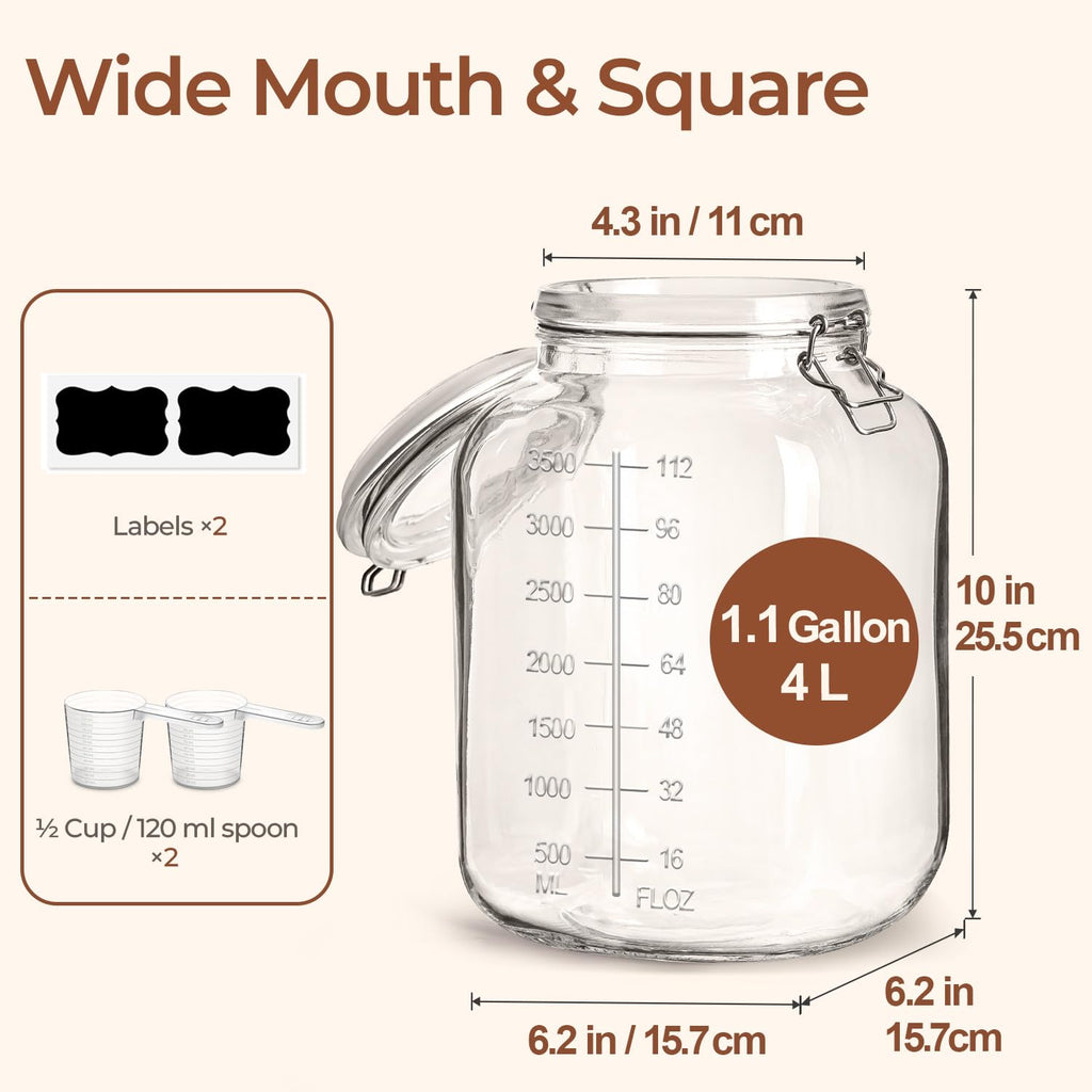 Large Glass Jars with Airtight Lid 1.1 Gallon 2 Pack Wide Mouth