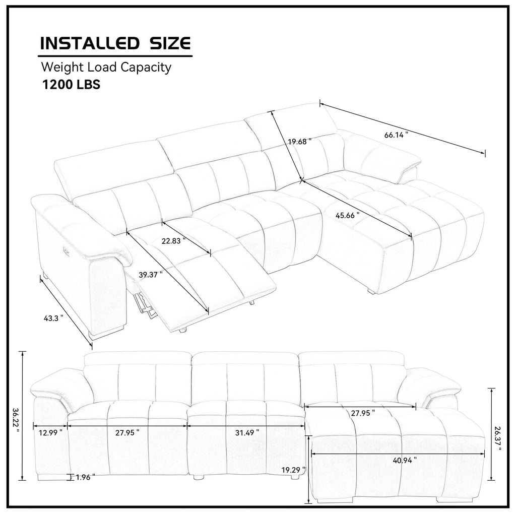 L-Shaped 3 Seat Sectional Sofa with Power Reclining & Adjustable Headrest, 113" Oversized Right Facing Corner