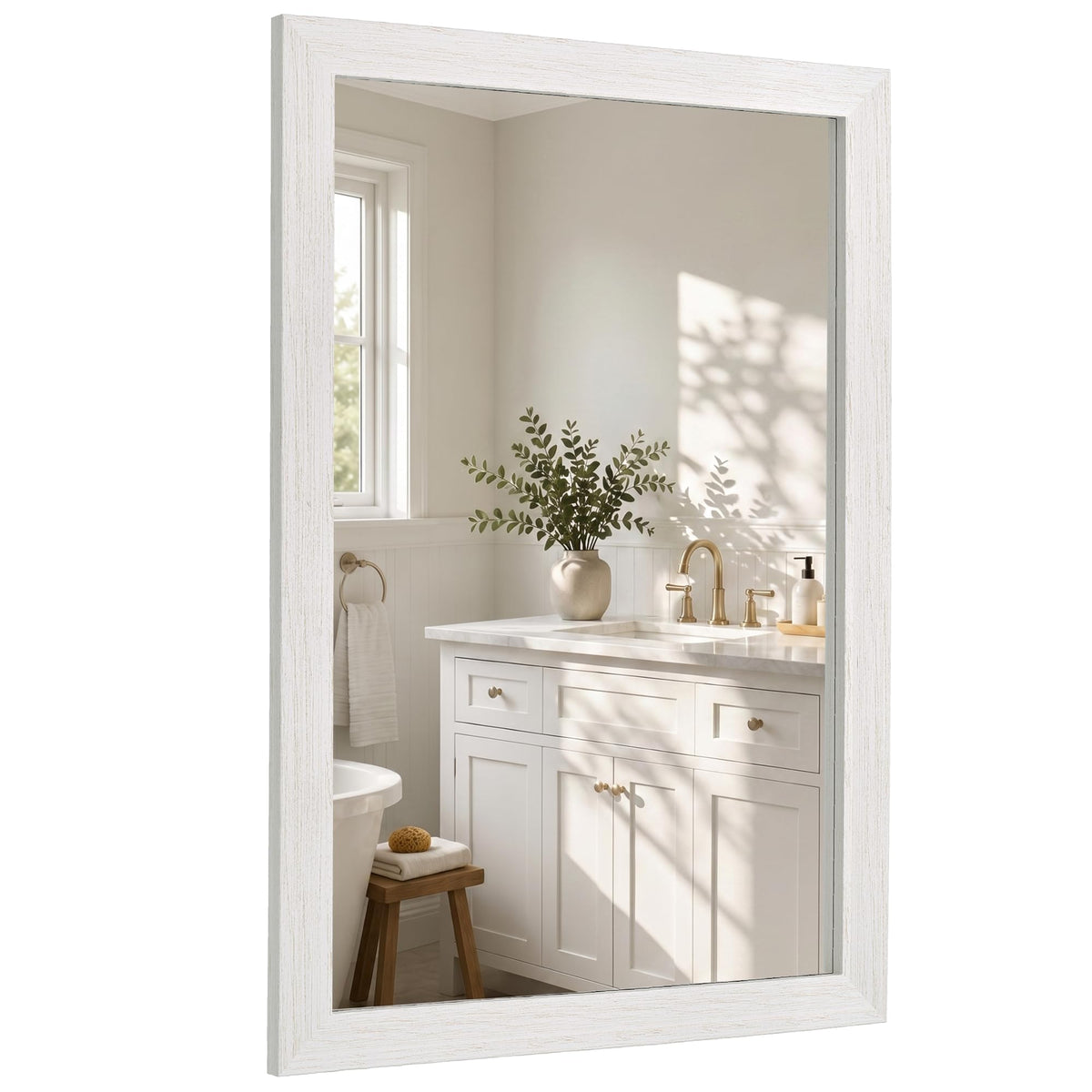 Distressed White 24x36 Inch Wood-Grain Rectangular Wall Mirror