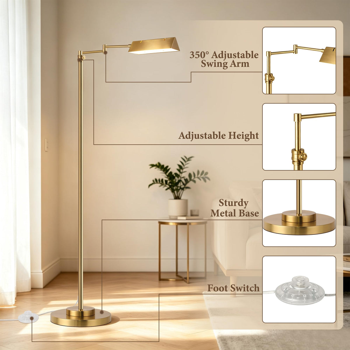 LED Floor Lamp, 12W LED Adjustable Height Pharmacy Floor Lamp 350° Swing Arms & Head, 3-Color Temperature