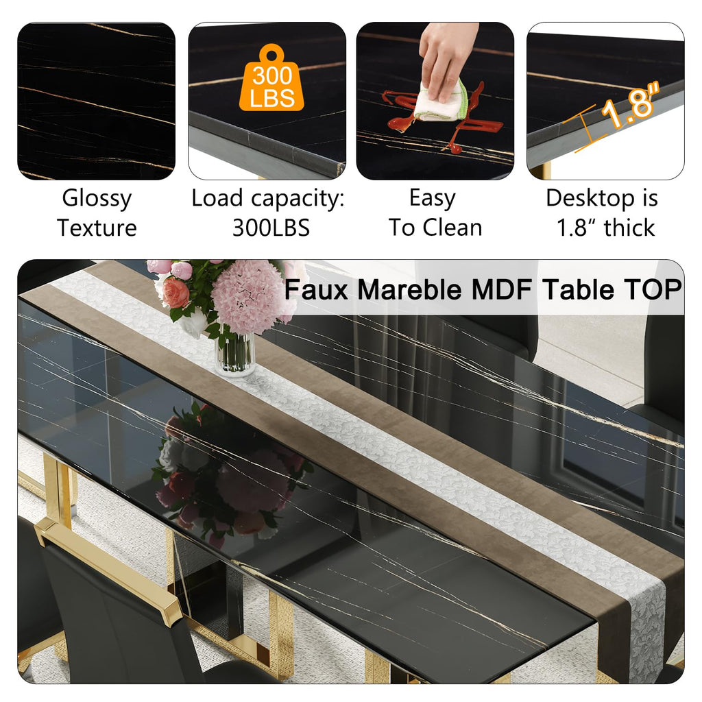 79 Inch Faux Marble Dining Table, Black Rectangular Kitchen Table, 1.8 Inch Thick Mid Century Modern Design, Luxury