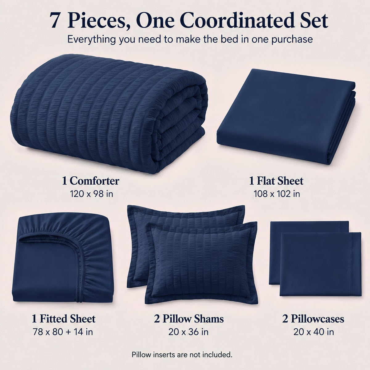 Comforter Set 120x98, 7-Piece Navy Blue Seersucker