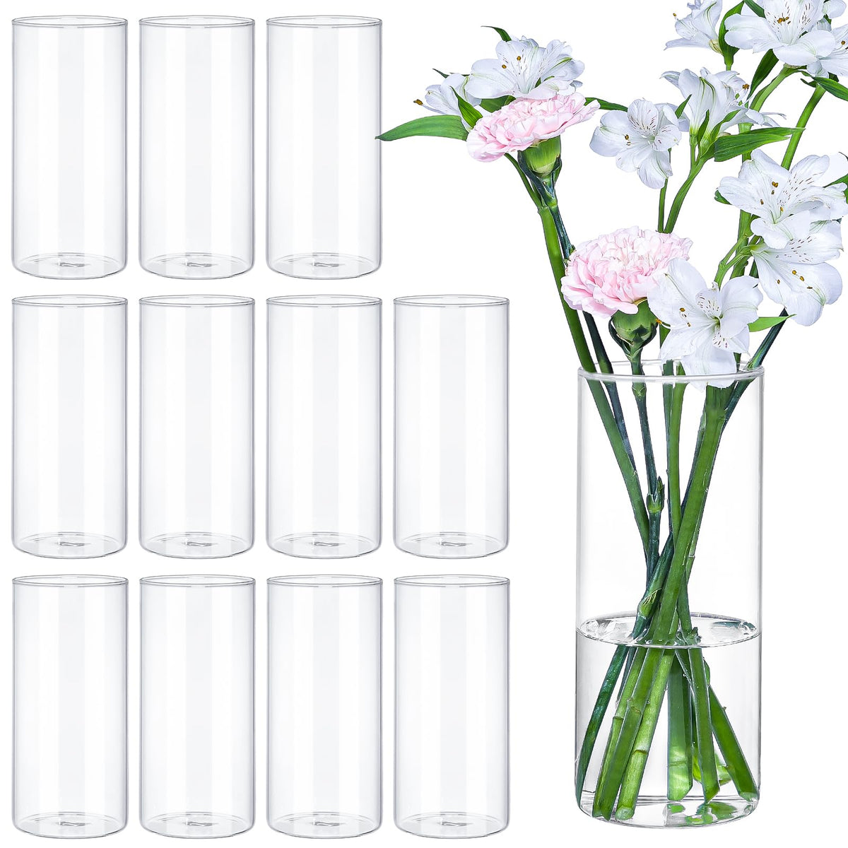 12pcs 8 Inch Clear Glass Cylinder Vases for Centerpieces