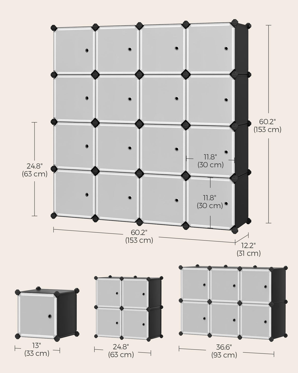 Cube Storage Organizer, Set of 16 Plastic Cubes, Closet Storage Shelves, DIY Plastic Closet Cabinet, Modular