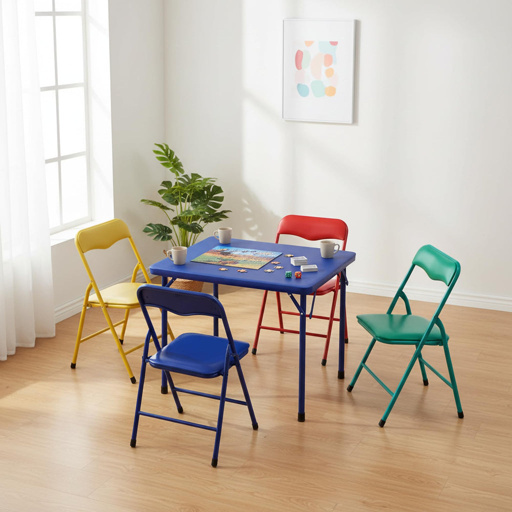 5-Piece Folding Table and Chair Set, Compact Square Activity Table with 4 Folding Chairs, Sturdy Metal Frame