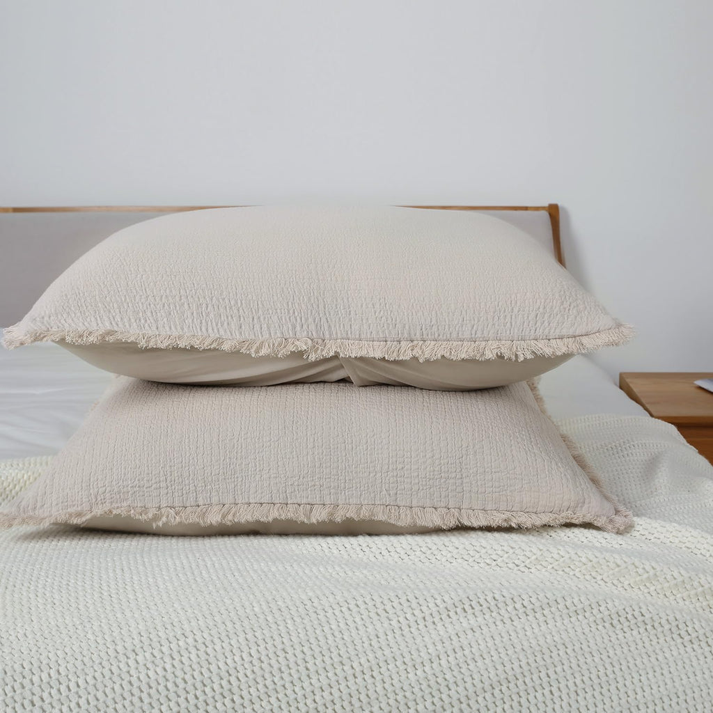 Quilted Pillow Shams Linen Standard Set of 2 Muslin Cotton Matelasse Boho